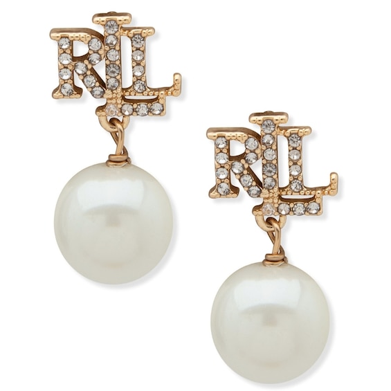 Lauren Ralph Lauren Gold Tone and Logo Faux Pearl Drop Earrings