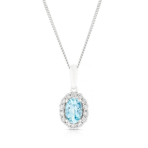 9ct White Gold 16+2 0.15ct Diamond and Aquamarine Pendant Necklace