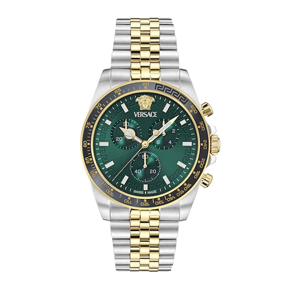 Men's Versace 43Mm Chronograph Green Dial & Two Tone Bracelet Watch