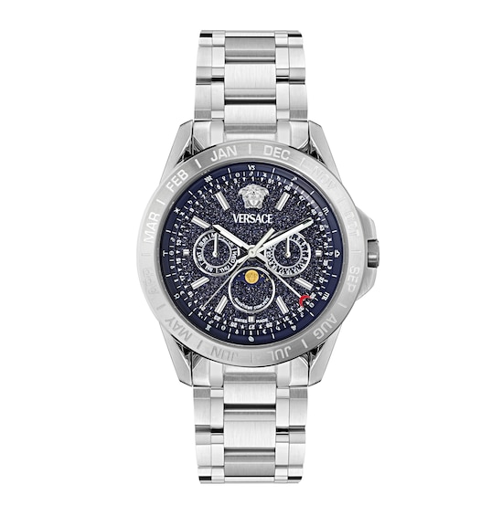 Men's Versace 43Mm Chronograph Moonphase Blue Dial & Stainless Steel Watch