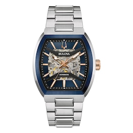 Bulova Maquina Men's Blue Skeleton Dial Curve Glass Stainless Steel Watch