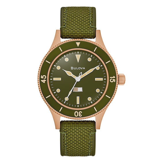 Men's Bulova Mil-Ships 150Th Anniversary Green Dial & Rubber Strap Watch