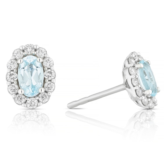 9ct White Gold 0.20ct Diamond and Aquamarine Halo Stud Earrings