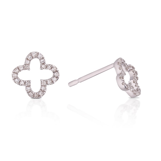 9ct White Gold Diamond Open Clover Shaped Stud Earrings