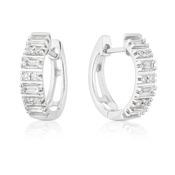 9ct White Gold 0.25ct Diamond Baguette and Round Cut Hoop Earrings