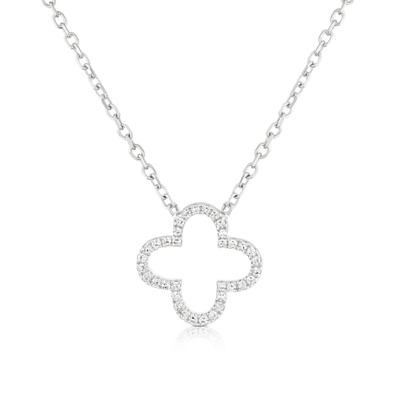 9ct White Gold 18 Diamond Open Clover Shaped Pendant Necklace