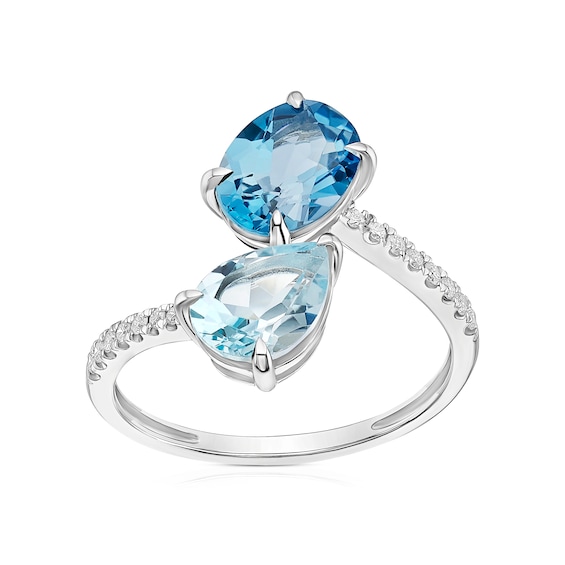 9ct White Gold 0.10ct Diamond and Blue Topaz Toi Et Moi Ring