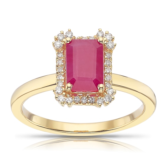 18ct Yellow Gold 0.10ct Diamond and Ruby Emerald Shaped Halo