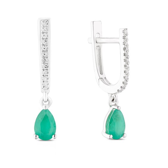 9ct White Gold Diamond and Emerald Pear Shaped Drop Earrings