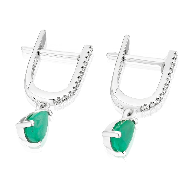 Main Image 2 of 9ct White Gold Diamond & Emerald Pear Shaped Drop Earrings