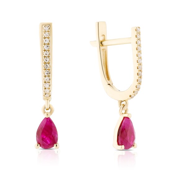 9ct Yellow Gold Diamond and Ruby Pear Drop Earrings