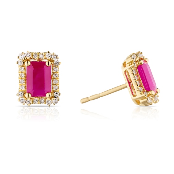18ct Yellow Gold 0.15ct Diamond and Ruby Emerald Shaped Stud Earring
