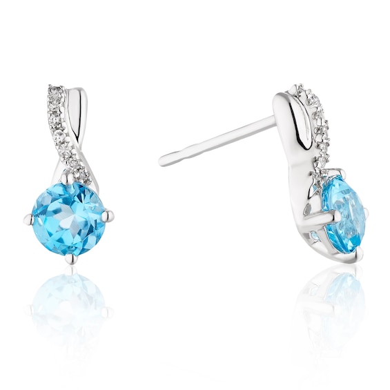 9ct White Gold Diamond and Blue Topaz Stud Earrings