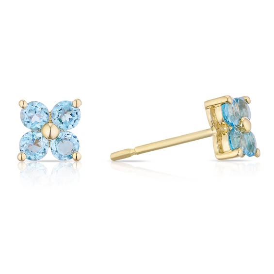 9ct Yellow Gold Blue Topaz Dainty Flower Shaped Stud Earring