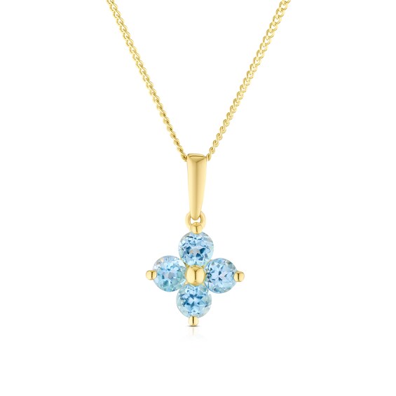 9ct Yellow Gold 16+2 Blue Topaz Flower Shaped Pendant Necklace