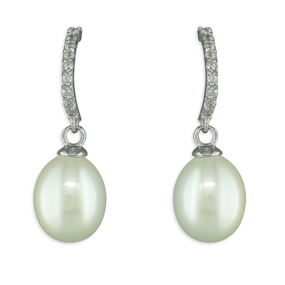 Sterling Silver Cultured Freshwater Pearl and Cubic Zirconia Half Hoop Drop Earrings