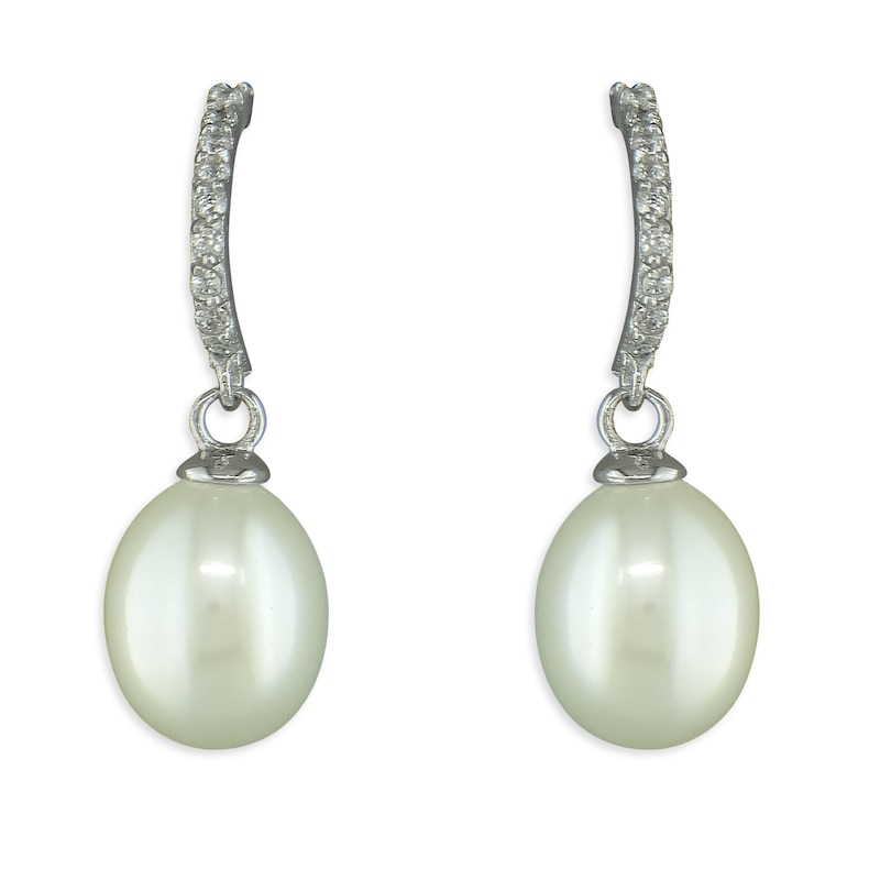 Main Image 1 of Sterling Silver Cultured Freshwater Pearl & Cubic Zirconia Half Hoop Drop Earrings