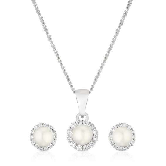 Sterling Silver Cultured Freshwater Pearl Cubic Zirconia Earrings and Pendant Set