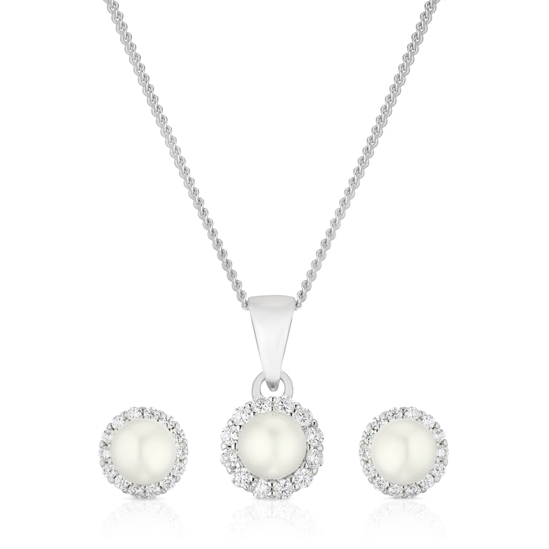 Main Image 1 of Sterling Silver Cultured Freshwater Pearl Cubic Zirconia Earrings & Pendant Set