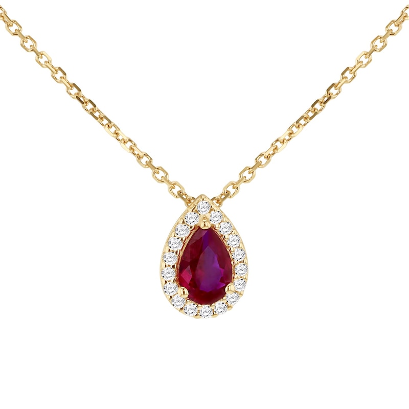 Main Image 1 of 9ct Yellow Gold 17+1" Red & Clear Cubic Zirconia Pear Shaped Pendant Necklace