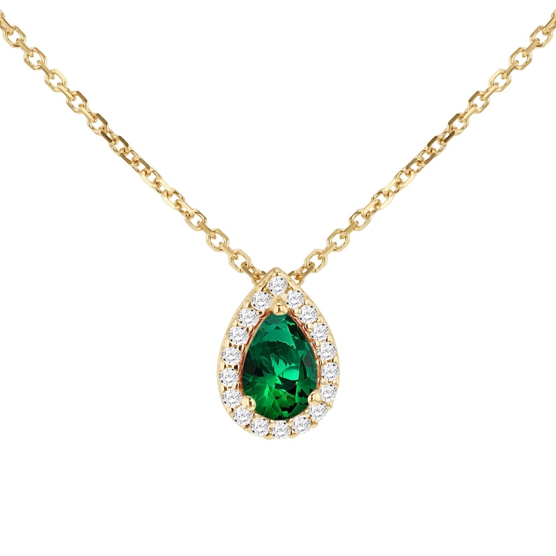 Main Image 1 of 9ct Yellow Gold 17+1" Green & Clear Cubic Zirconia Pear Shaped Pendant Necklace