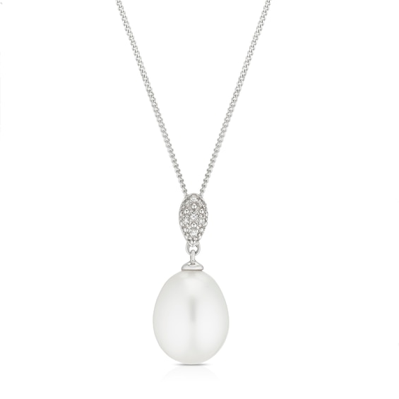 9ct White Gold Cultured Freshwater Pearl Diamond Pave Pendant