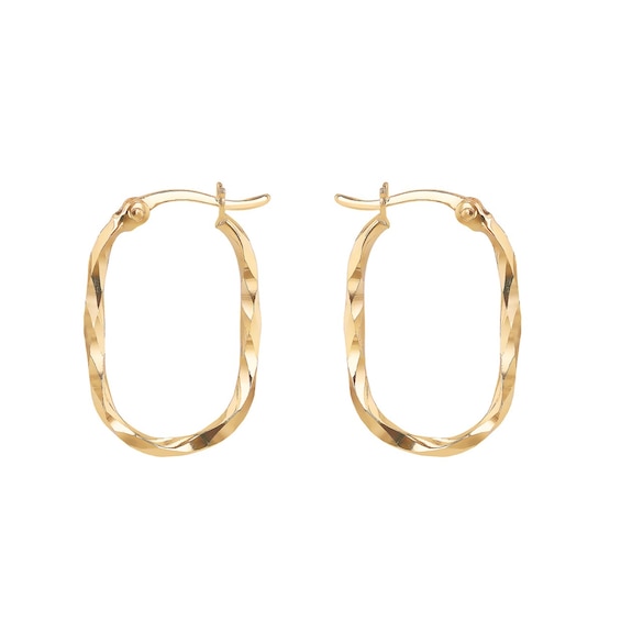 9ct Yellow Gold 20mm Diamond Cut Oval Hoop Earrings