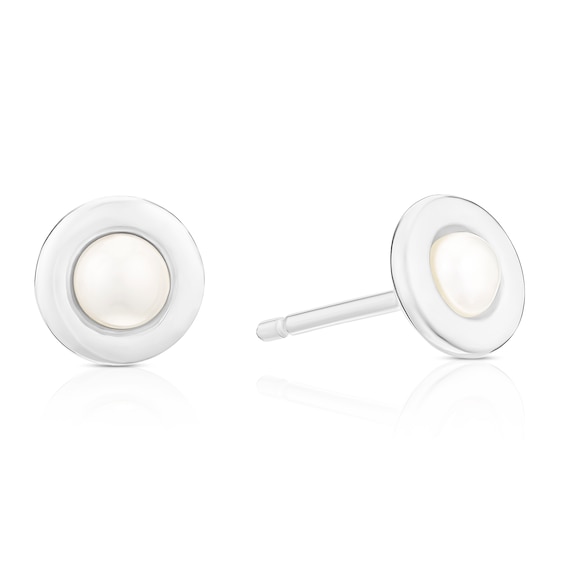 Sterling Silver and Cultured Freshwater Pearl Round Polished Stud Earrings