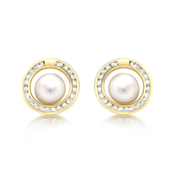 9ct Yellow Gold Cultured Freshwater Pearl and Cubic Zirconia Circle Halo Stud Earrings