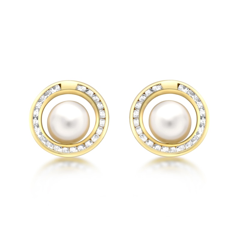 Main Image 1 of 9ct Yellow Gold Cultured Freshwater Pearl & Cubic Zirconia Circle Halo Stud Earrings