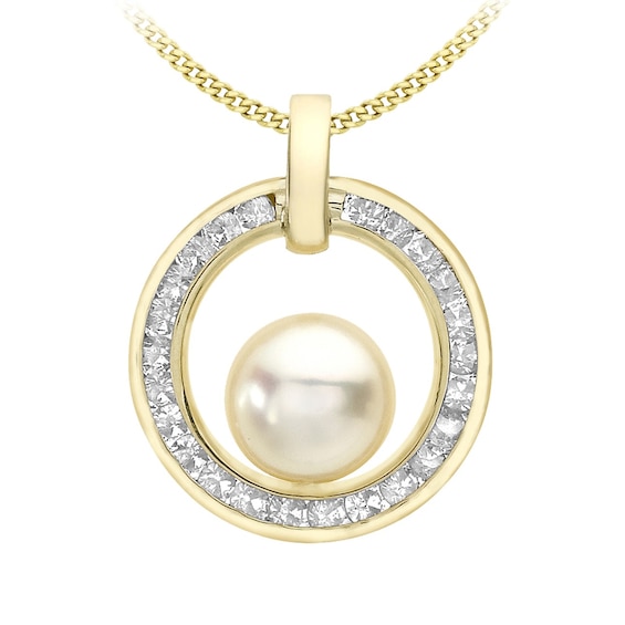 9ct Yellow Gold Cultured Freshwater Pearl and Cubic Zirconia Circle Halo Pendant