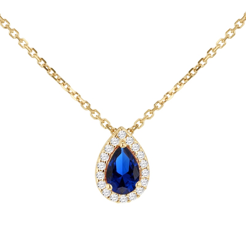 Main Image 1 of 9ct Yellow Gold 17+1" Blue & Clear Cubic Zirconia Pear Shaped Pendant Necklace