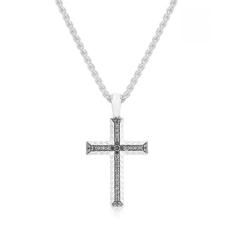 Main Image 1 of Sterling Silver & Black Spinel Woven Edge Cross Shaped Pendant
