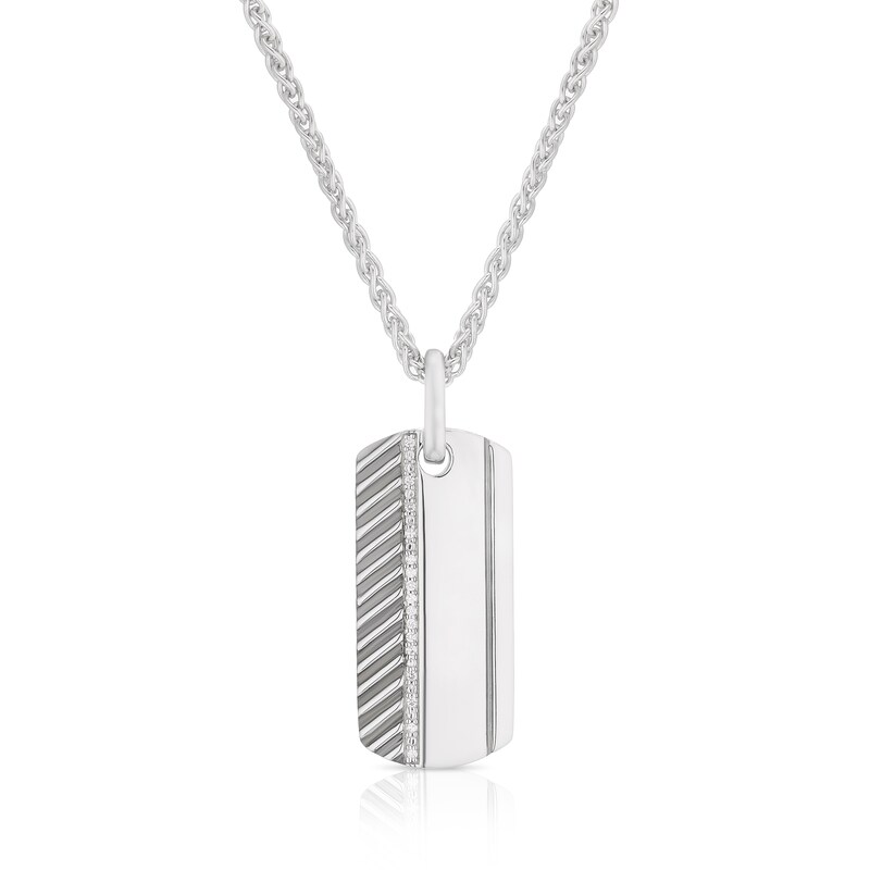 Main Image 1 of Sterling Silver & Cubic Zirconia Line Detail Dog Tag Pendant