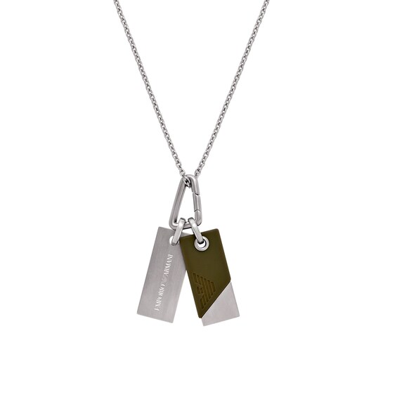Men's Emporio Armani Stainless Steel & Green Silicone Dog Tag Pendant Necklace