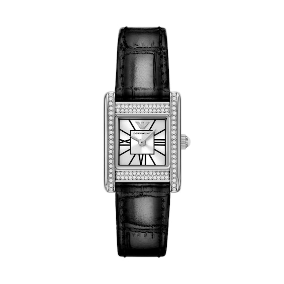 Women's Emporio Armani Crystal Mother Of Pearl Dial & Black Leather Strap Watch