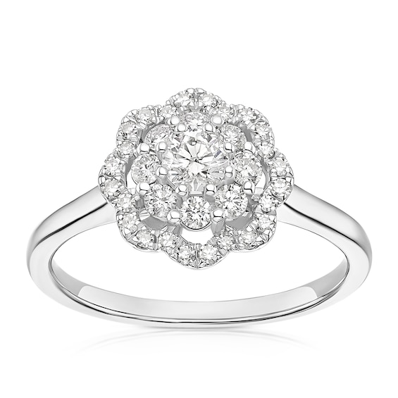 18ct White Gold 0.50ct Diamond Scallop Edge Double Halo Ring