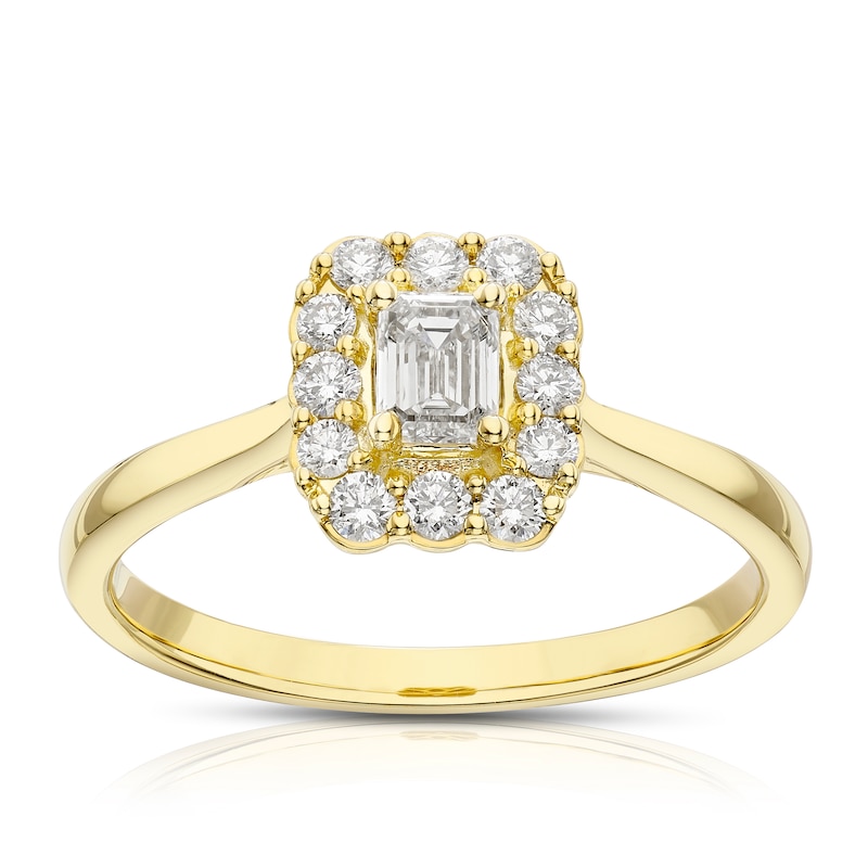 Main Image 1 of 18ct Yellow Gold 0.50ct Diamond Emerald Cut Halo Ring