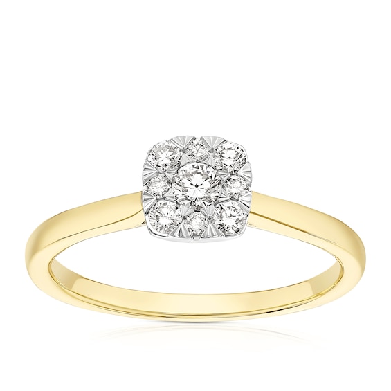 Engagement Ring 18ct Yellow and White Gold Cushion Shaped Cluster 0.25ct Diamond Ring