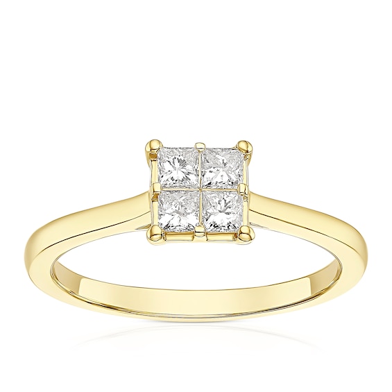 Engagement Ring 14ct Yellow Gold Quad Shaped Solitaire 0.33c