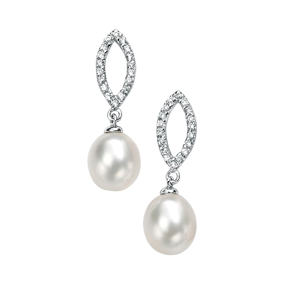 Sterling Silver Cultured Freshwater Pearl and Cubic Zirconia Open Drop Earrings