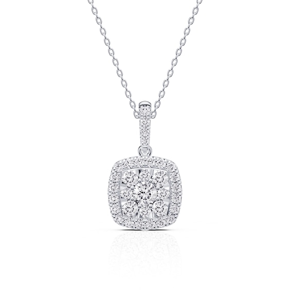 Platinum White 0.50ct Diamond Cushion Shaped Cluster Pendant Necklace