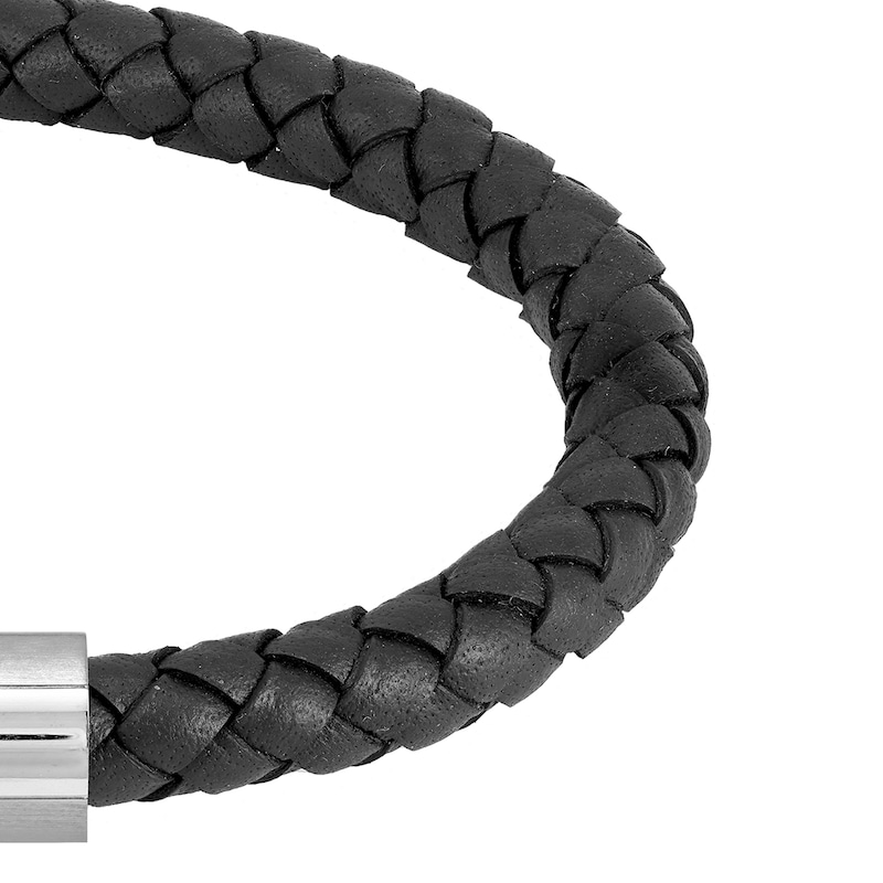 BOSS Braided Men's Stainless Steel & Black Leather 7 Inch Bracelet