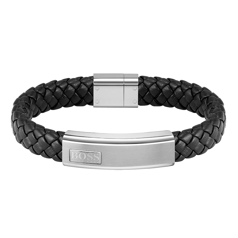 BOSS Lander Men's Black Leather 7 Inch Braided Bracelet