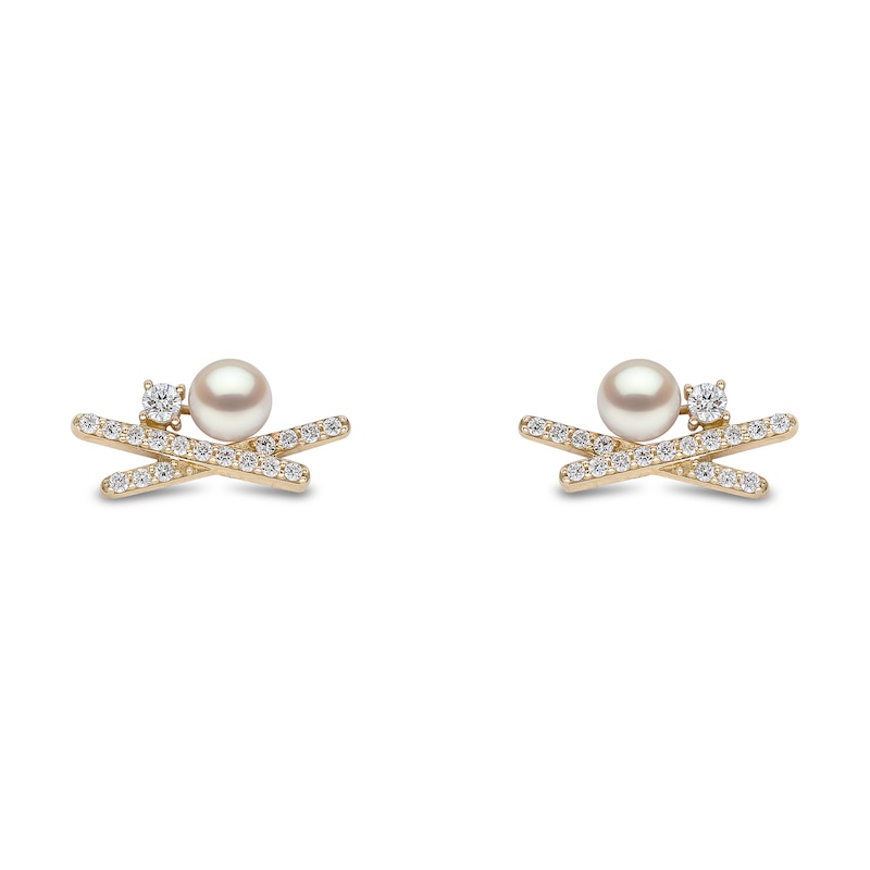 Yoko London 18ct Yellow Gold Pearl & 0.24ct Diamond Cross Earrings