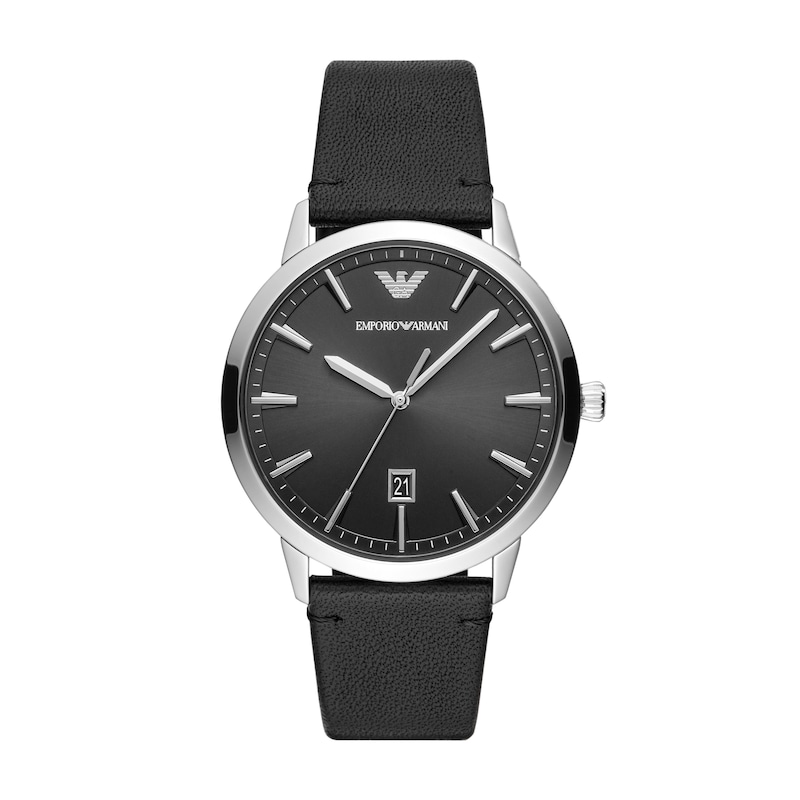 Emporio Armani Men's Black Leather Strap Watch with Black dial