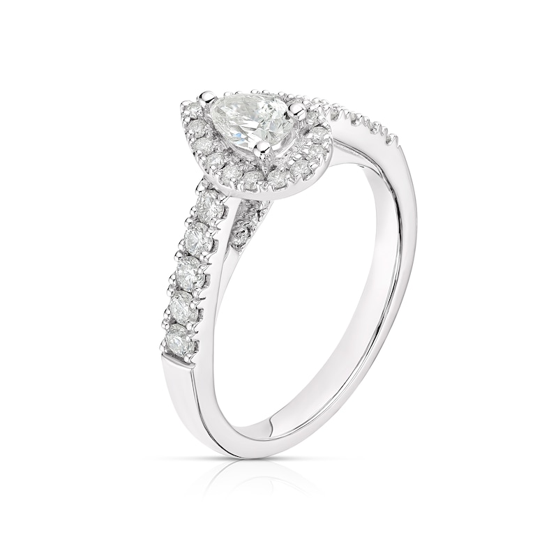Platinum 0.75ct Total Diamond Pear Cut Solitaire Halo Ring