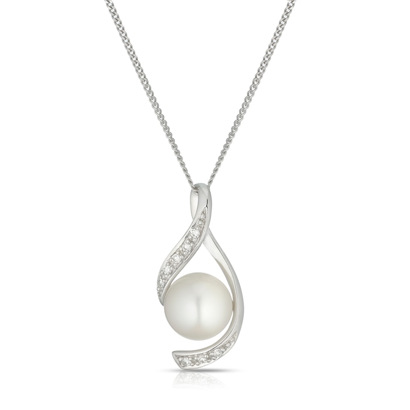 9ct White Gold Cultured Freshwater Pearl & Diamond Twisted Pendant