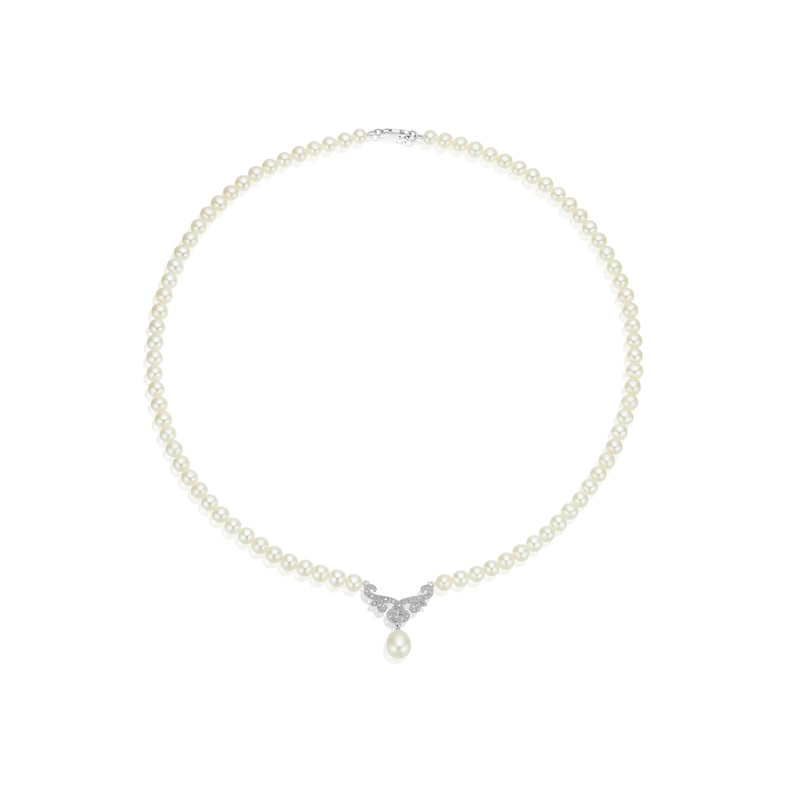 9ct White Gold Cultured Freshwater Pearl & Diamond Necklace