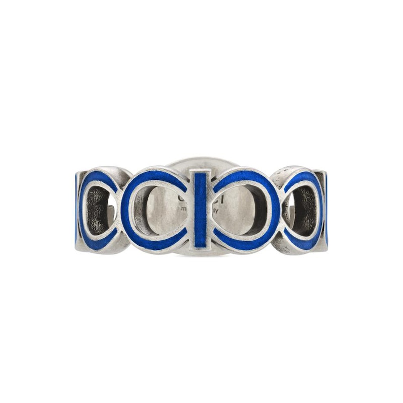 Gucci Interlocking Sterling Silver Green Enamel Unisex Ring (Sizes S-T)